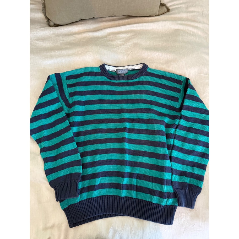 Vintage Lord & Taylor Men's XL‎ Striped Cotton Sweater Teal Navy 90s Crewneck
